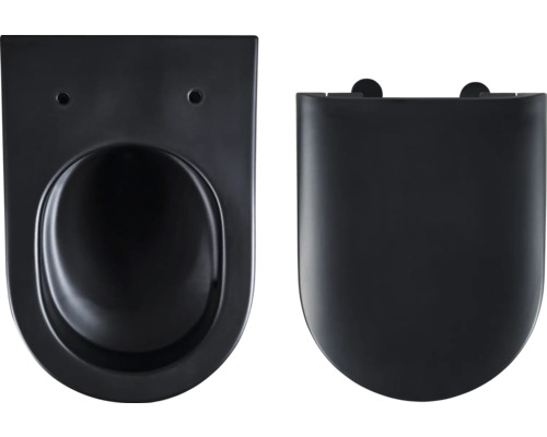 Svart vägghängd toalett med toalettlock