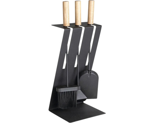 Eldställ ADURO Baseline set svart stål 20x50cm Eldställ med trähandtag, bestående av skyffel, borste och eldtång