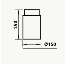 Teknisk ritning med dimensioner: höjd 250 mm, diameter 150 mm