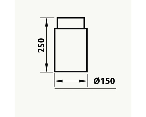 Teknisk ritning med dimensioner: höjd 250 mm, diameter 150 mm