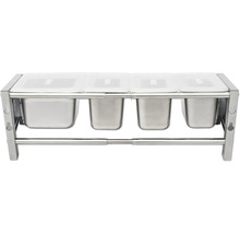 Rostfritt stålram med fyra behållare och lock för avfallssortering