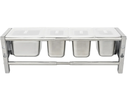 Rostfritt stålram med fyra behållare och lock för avfallssortering