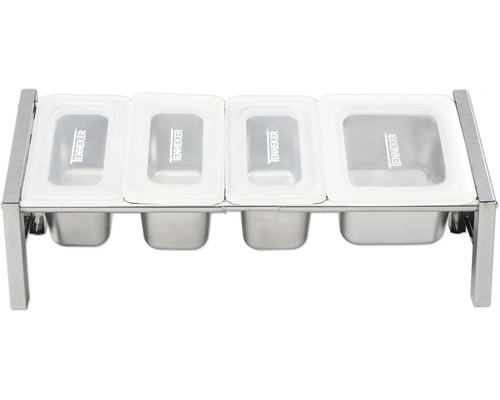Matvärmare i rostfritt stål med fyra behållare och transparenta lock