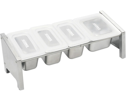 Behållare i rostfritt stål med fyra insatser och lock