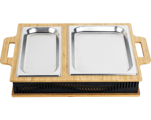 Värmare med två skålar i rostfritt stål och bamburam