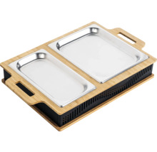 Matvärmare med två behållare i rostfritt stål och en ram av bambu