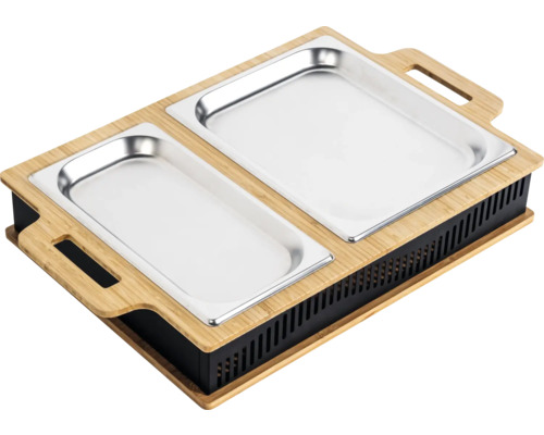 Matvärmare med två behållare i rostfritt stål och en ram av bambu