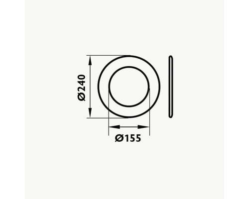 Teknisk ritning av en tätningsbricka med måtten: ytterdiameter 240 mm, innerdiameter 155 mm.