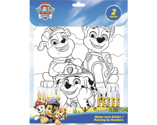 Måla efter nummer-set med två affischer för att färglägga Paw Patrol-karaktärer.