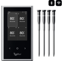 Typhur köttermometer med fyra sonder, plus Bluetooth- och WiFi-symboler.