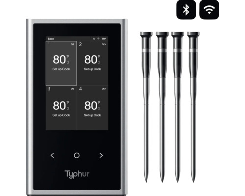 Typhur köttermometer med fyra sonder, plus Bluetooth- och WiFi-symboler.