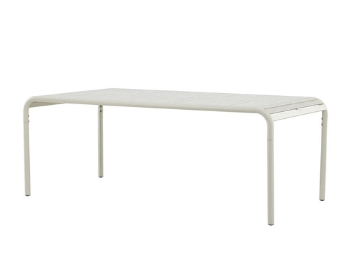 Rektangulärt trädgårdsbord av metall med lamellstruktur