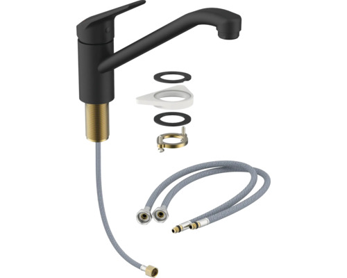 Köksblandare i svart med flexibla anslutningsslangar och fästmaterial