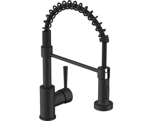 Svart köksblandare med spiralformad pip