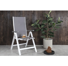 Trädgårdsscen med grå och vit hopfällbar stol bredvid krukväxt