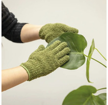 Händer med trädgårdshandskar rengör ett växtblad