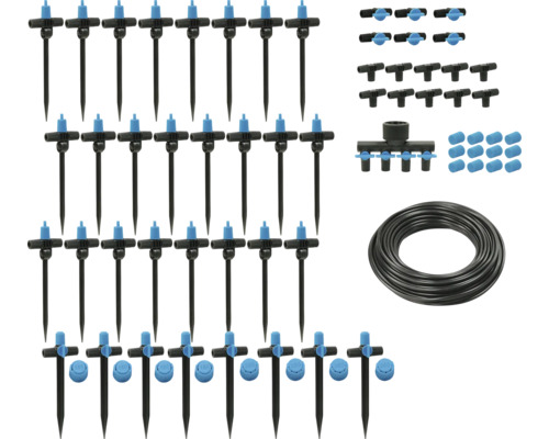 Bevattningsset med droppar, anslutningsstycken och slang för trädgårdsbevattning