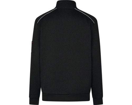 Baksida av en svartrandig sweatshirtjacka med dragkedja