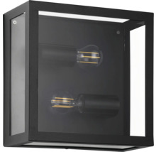 Vägglampa med två lampor i en svart, boxformad ram.