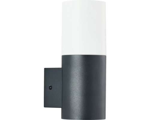 Vägglampa i cylindrisk form med svart bas och vit lampskärm