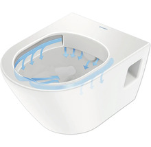 Vägghängd toalett med djup spolning, spolströmsstyrning och Duravit-logotyp.