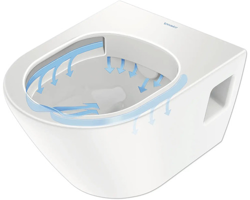 Vägghängd toalett med djup spolning, spolströmsstyrning och Duravit-logotyp.