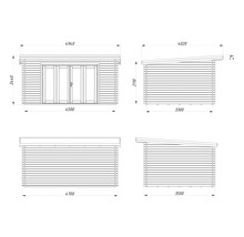 Teknisk ritning av ett trädgårdshus med måttangivelser