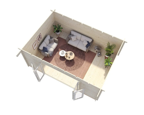 Interiörbild av ett trädgårdshus med soffor, bord och växter.