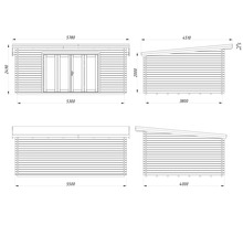 Teknisk ritning av ett trädgårdshus med mått.