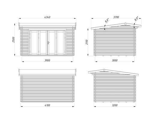 Teknisk ritning av ett trädgårdshus med mått