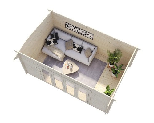 Interiör av ett modernt trädgårdshus med soffa, bord och växter.