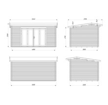 Teknisk ritning av ett trädgårdshus med måttangivelser