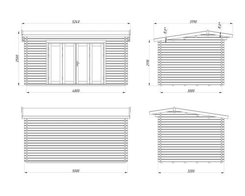 Teknisk ritning av ett trädgårdshus med måttangivelser