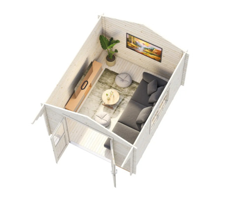 Interiör av ett trädgårdshus med möbler, TV och dekorationer