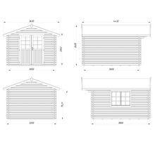 Teknisk ritning av ett trädgårdshus med mått.