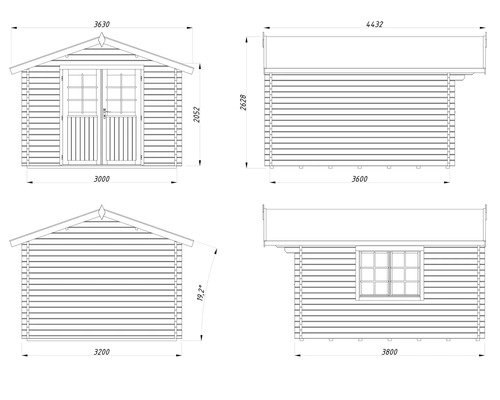 Teknisk ritning av ett trädgårdshus med mått.