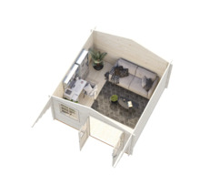 Interiörbild av ett trädgårdshus med kontorsutrymme och sittgrupp