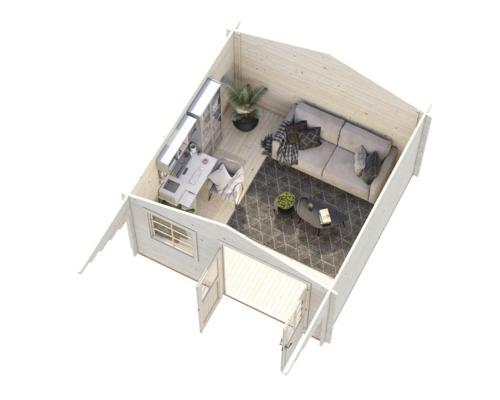 Interiörbild av ett trädgårdshus med kontorsutrymme och sittgrupp