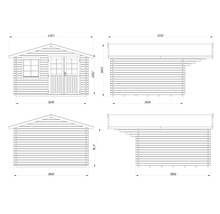Teknisk ritning av ett trädgårdshus med mått