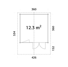 Ritning av en trädgårdsstuga med måtten 360 x 426 x 534 cm och en yta på 12,3 kvadratmeter.