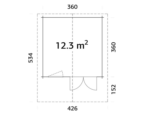 Ritning av en trädgårdsstuga med måtten 360 x 426 x 534 cm och en yta på 12,3 kvadratmeter.