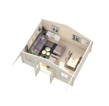 Interiörbild av ett trähus med vardagsrum och matplats