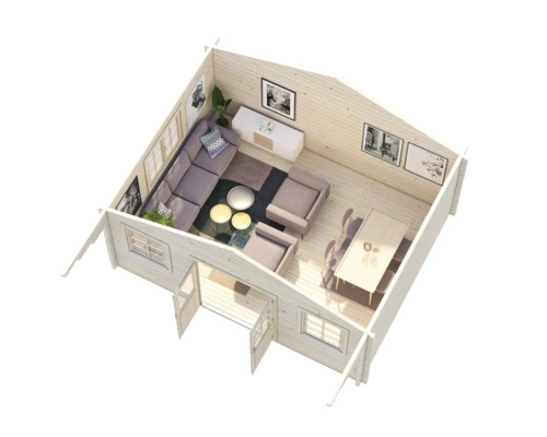 Interiörbild av ett trähus med vardagsrum och matplats