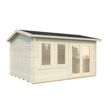 Trädgårdshus i trä med fönster och dubbeldörr