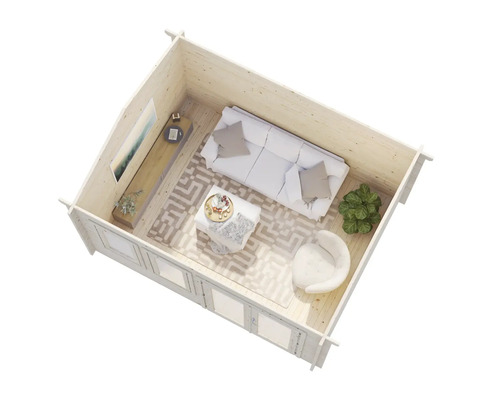 Interiör av ett trädgårdshus med soffa, fåtölj, soffbord och matta