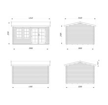 Teknisk ritning av ett trädgårdshus med måttangivelser