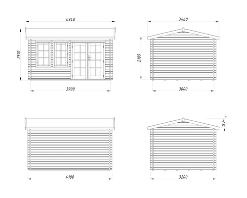 Teknisk ritning av ett trädgårdshus med måttangivelser