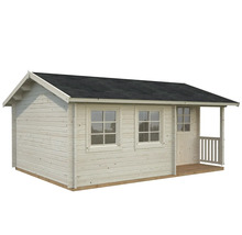 Trädgårdshus i trä med tak, fönster och veranda