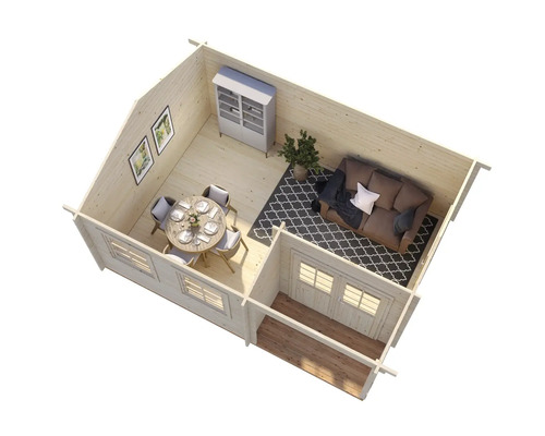 Interiörbild av ett trädgårdshus i trä med möbler