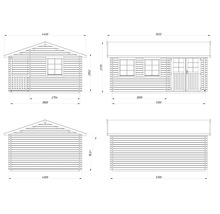 Teknisk ritning av ett trädgårdshus med dimensioner.